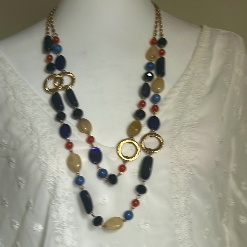 Mixed Faux Stone Multi-Colored Beaded and Gold Tone Double Strand Necklace